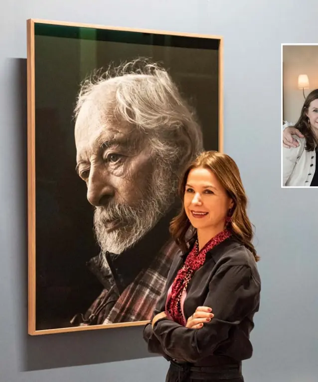 ??  ?? Kim Haughton with her portrait of JP Donleavy, bought by the National Gallery of Ireland as part of her collection called Portrait of a Century, which features film-maker John Boorman (bottom) and Irish/Nigerian schoolgirl Eunice Adeleye who made her First Holy Communion; (Inset above) Kim pictured with Hollywood heartthrob Liam Neeson
