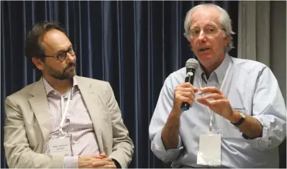  ?? (Tovah Lazaroff) ?? FORMER US negotiator Dennis Ross (right) next to EU Ambassador to Israel Emmanuele Giaufre, addressing the Track II Environmen­tal Forum Conference in Kibbutz Keturat yesterday.