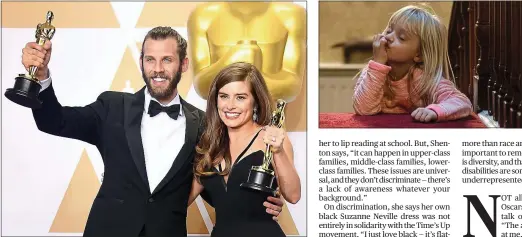  ??  ?? Scene stealers: Main image, Rachel Shenton and her fiancé Chris Overton pose with their Oscars. Left, the six-year-old star of the Silent Child, Maisie Sly