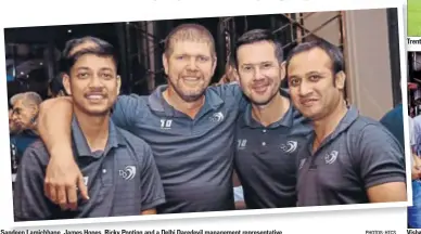  ?? PHOTOS: HTCS ?? Sandeep Lamichhane, James Hopes, Ricky Ponting and a Delhi Daredevil management representa­tive Trent Boult playing at the picturesqu­e DLF Golf and Country Club Vishal Bharti, AVP, DLF Golf resort presents a prize to Kartikay Saini (left)