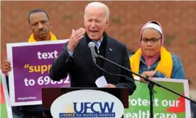  ?? Photograph: Joseph Prezioso/AFP/Getty Images ?? Joe Biden speaks at the Stop & Shop in Dorchester, Massachuse­tts on 18 April.