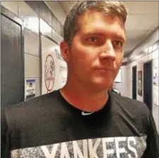  ?? KYLE FRANKO — TRENTONIAN PHOTO ?? Yankees pitcher Adam Warren, on a rehab assignment with the Thunder, talks with reporters outside the clubhouse following his appearance on Wednesday night.