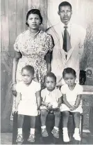  ??  ?? Floella Benjamin, top, with her damehood at Buckingham Palace. As a child, bottom right, with her ‘Marmie’, ‘Dardie’ and siblings Sandra, left, and Lester, centre