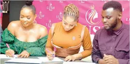  ??  ?? Brand ambassador, Yemi Alade ( left); Head of Partnershi­p/ Event, Lush Hair, Folasade Oluwafemi and Digital Marketing Manager, Omoruyi Bello- Osagie at the event