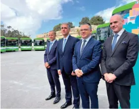  ?? PHOTO: CHRIS SANT FOURNIER ?? From left: Malta Public Transport general manager Konrad Pule, MPT chairman Felipe Cosmen, Transport Minister Chris Bonnet and Transport Malta CEO Colonel Mark Mallia with the new fleet of buses.