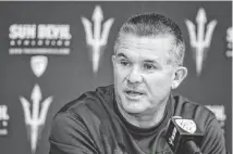  ?? CHARLIE LEIGHT/AZCENTRAL SPORTS ?? Coach Todd Graham talks on Monday about ASU’s upcoming game against Wisconsin and the Badgers’ ground attack. “We’ve been preparing for this all fall camp,’‘ he said.