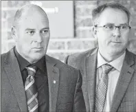  ?? CP PHOTO ?? Train driver Thomas Harding, left, leaves the courtroom during a break on the first day of the Lac Megantic trial in Sherbrooke, Que., on Monday.