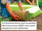  ?? ?? Turf should be laid as soon as possible after it has arrived. INSET: Use a seed spreader for even distributi­on