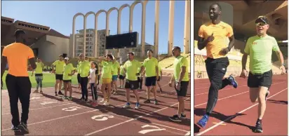  ?? (Photos J.B.) ?? Près de cent coureurs étaient réunis hier matin au stade Louis-II pour le RMC Running Tour afin de partager un moment de conviviali­té entre sportifs et d’apprendre auprès de coachs, d’un kiné et du recordman français du  mètres.