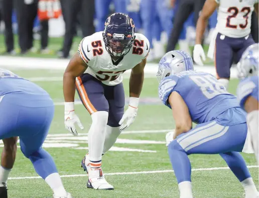  ?? RICK OSENTOSKI/AP ?? Bears outside linebacker Khalil Mack had four tackles but no sacks in the season opener against the Lions in Detroit. The Bears had only one sack.