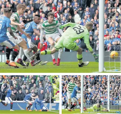  ??  ?? Windass joy after Gers opener but when Morelos misses late on, top, Cummings can only look on in despair, right