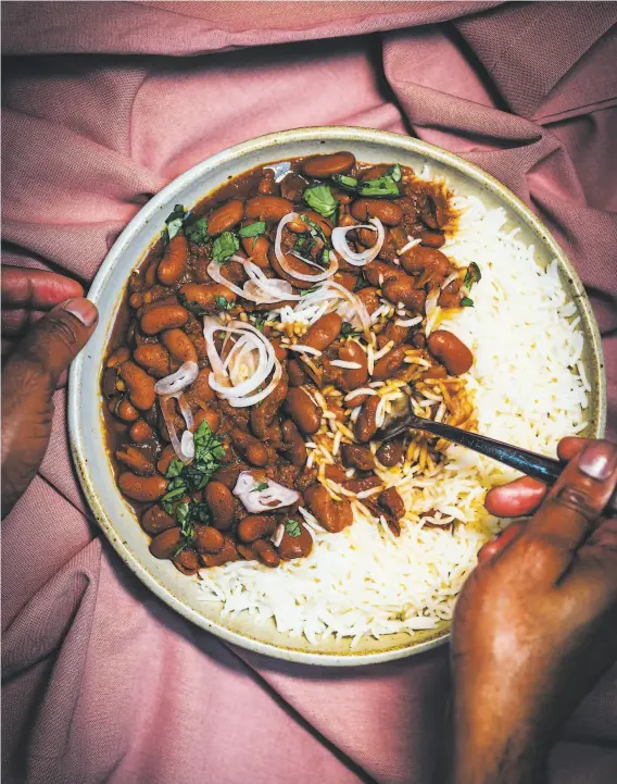  ?? Nik Sharma ?? Rajma, or kidney bean stew, gets some heat from chiles, garlic and ginger. When you soak the beans, add baking soda to trim the time they need to soak.