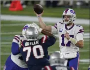  ?? AP FILE; LEFT, GETTY IMAGES FILE ?? Bills quarterbac­k Josh Allen is being heaped with praise in typical Bill Belichick fashion with the Patriots coach, left, reverting to his tried and tested philosophy after reportedly trashing the Buffalo signal caller before last season’s 38-9 thrashing.