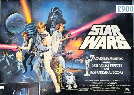  ??  ?? Above: Tom Chantrell’s more realistic version of the 1977 Star Wars poster was reportedly George Lucas’ favourite. This particular example sold at Surrey auctioneer­s Ewbank’s £900