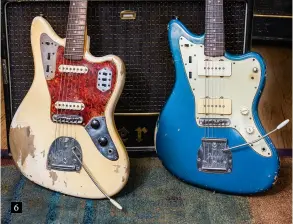  ??  ?? 6 6. 1962 Fender Jaguar & 1962 Jazzmaster “I love those matching headstocks,” says Richard of this pair of slab-’board offsets in Olympic White (Jaguar) and Lake Placid Blue (Jazzmaster). “The pickups are all stock in those guitars but the Jazzmaster has different covers”