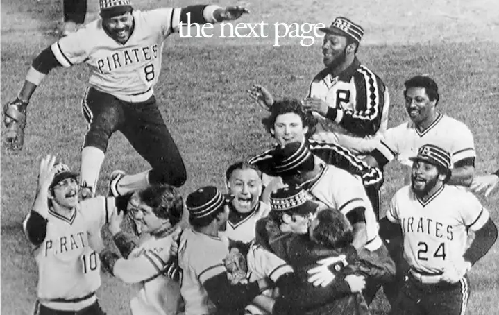  ?? Associated Press ?? Pirates mob relief pitcher Kent Tukulve, lower right center, as Willie Stargell (8), Tim Foli (10) and Mike Easler (24) rush forward to join the group after the Bucs won the 1979 World Series.