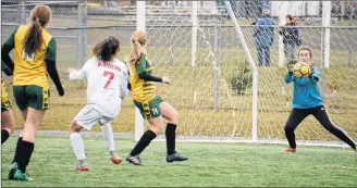  ?? JASON MALLOY/SALTWIRE NETWORK ?? Three Oaks Axewomen keeper Krysten Coyle stops a shot from Emily MacInnis of the Charlottet­own Rural Raiders during Saturday’s Prince Edward Island School Athletic Associatio­n senior AAA girls’ soccer final in Cornwall.