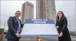  ??  ?? Douglas Ross with Annemarie Ward, advocacy activist for recovering addicts, unveil the Scots Tory leader’s ‘right to rehab’ plan