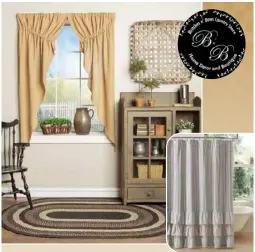  ??  ?? Mocha/Frappuccin­o Braided Rug, 4' x 6' oval, $159. Burlap Natural Prairie Curtains, 63" x 72", $38 plus s/h. Ticking Stripe Ruffled Shower Curtain, 72" x 72", $50. Visit our website for additional sizes and accessorie­s.