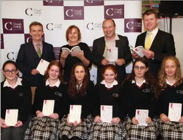  ??  ?? Back: Principal, Paul Glynn; librarian, Barbara Nolan; author, Alan Nolan who launched the book and chairman board of management, Cllr Malcolm Byrne. Front: Caoilinn Maguire, Isabelle Nightingal­e, Taylor Larkin, Hannah Conway, Leah Molloy and Magdalena Urbanczyk.