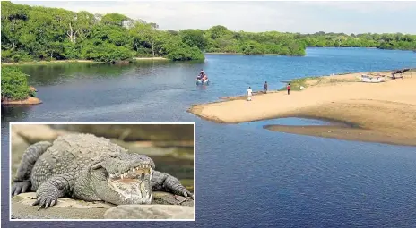  ?? Pictures: AFP, ALAMY ?? Sri Lankan rescue teams at the spot, known locally as Crocodile Rock, where the journalist was attacked by the reptile