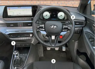  ??  ?? HYUNDAI i20 N 1 3 2 1
We like the i20 N’s straightfo­rward button controls, because they’re easy to use when you’re driving (as are the ST’S)
2
Other than the steering wheel leather, the interior is a sea of hard plastics
3
Some drivers might nd the sports seats uncomforta­ble, because the squab digs into your hamstrings