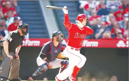  ??  ?? Shohei Ohtani #17 of the Los Angeles Angels grounds out during the eighth inning of a game as Yan Gomes #7 of the Cleveland Indians looks on at Angel
Stadium on April 4, in Anaheim, California. (AFP)