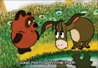  ??  ?? RUSSIAN BEAR: Vinnie Pukh with Ia (Eeyore) in a scene from the original 1969 film with subtitles. Below: Pyatachok (Piglet) at his window and Vinnie Pukh with Sova (Owl)