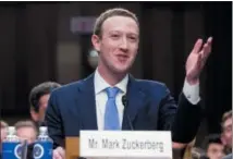  ?? AP PHOTO/ANDREW HARNIK ?? Facebook CEO Mark Zuckerberg testifies before a joint hearing of the Commerce and Judiciary Committees on Capitol Hill in Washington, about the use of Facebook data to target American voters in the 2016 election.