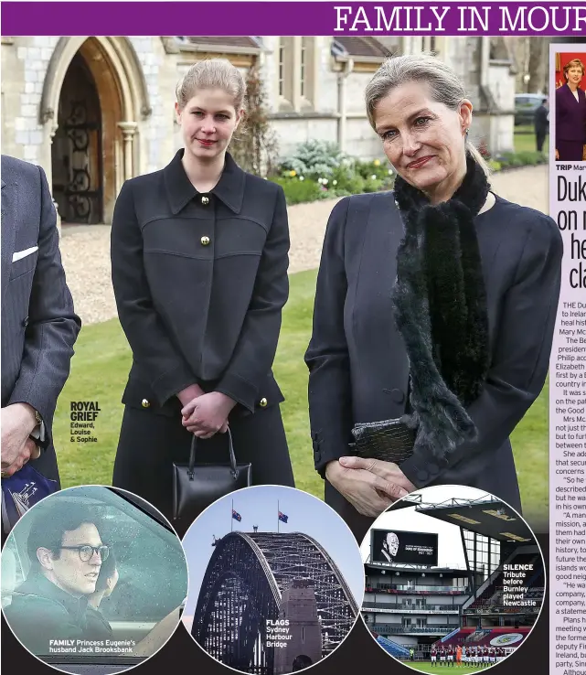  ??  ?? ROYAL GRIEF Edward, Louise & Sophie
FAMILY Princess Eugenie’s husband Jack Brooksbank
FLAGS Sydney Harbour Bridge
SILENCE Tribute before Burnley played Newcastle