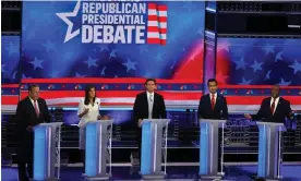  ?? Photograph: Joe Raedle/Getty Images ?? Chris Christie, Nikki Haley, Ron DeSantis, Vivek Ramaswamy and Tim Scott at the NBC News Republican primary debate on 8 November 2023 in Miami, Florida.