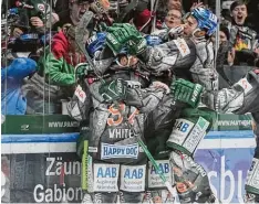  ?? Foto: Siegfried Kerpf ?? Vor Freude waren die Augsburger Panther kaum mehr zu stoppen: Sie drehten gegen München einen 0:1 Rückstand in einen 4:1 Sieg.