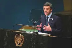  ?? AP ?? Shaikh Abdullah addresses the 73rd session of the United Nations General Assembly on Saturday at UN headquarte­rs.