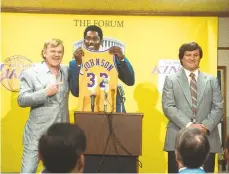  ?? WARRICK PAGE/HBO ?? John C. Reilly, from left, as Jerry Buss, Quincy Isaiah as Earvin “Magic” Johnson, and Jason Clarke as Jerry West in “Winning Time: The Rise of the Lakers Dynasty.”