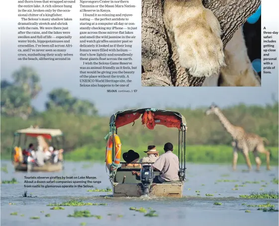  ??  ?? Tourists observe giraffes by boat on Lake Manze. About a dozen safari companies spanning the range from rustic to glamorous operate in the Selous. A three-day safari includes getting up close and personal with a pride of lions.