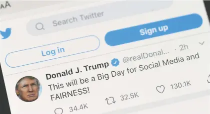  ?? OLIVIER DOULIERY/AGENCE-FRANCE-PRESSE ?? U.S. President Donald Trump was poised to sign an executive order Thursday after threatenin­g to shutter social media platforms following Twitter’s move to label two of his tweets misleading.