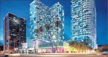  ?? Stanley Saitowitz
Natoma Architects I nc. ?? A MAJOR supporter of the Coalition to Preserve L. A., the AIDS Healthcare Foundation, opposes the proposed Palladium Residences, two 30- story towers in Hollywood. Above, a rendering of the project.