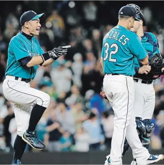  ?? ASSOCIATED PRESS FILE PHOTO ?? Seattle Mariners’ Ichiro Suzuki shows his enthusiasm after the team’s 4-1 win over Kansas City on June 29