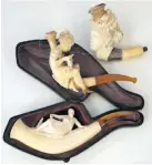  ??  ?? Meerschaum pipes, left, carved as a lady’s portrait, a lady knitting and as Diana, goddess of hunting with her hound. Sold for £240 at Peter Wilson auctioneer­s in Nantwich, Cheshire