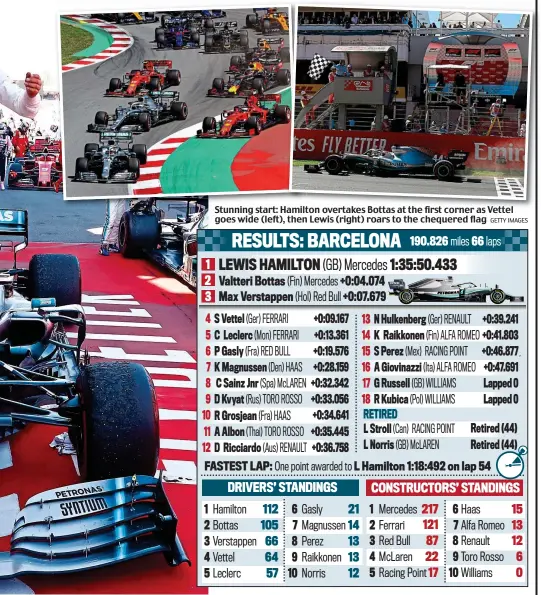  ??  ?? Stunning start: Hamilton overtakes Bottas at the first corner as Vettel goes wide (left), then Lewis (right) roars to the chequered flag
