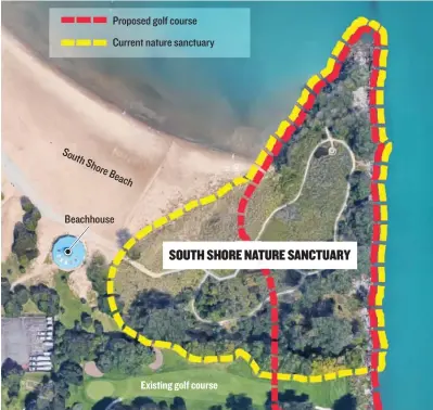  ?? SUN- TIMES ?? The dotted lines roughly approximat­e the existing South Shore Nature Sanctuary and the 12th hole, as currently drawn, of the proposed new golf course. Proposed golf course Current nature sanctuary Sou th Sho re Bea ch Beachhouse SOUTH SHORE NATURE...