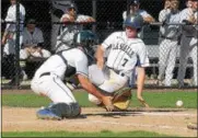  ?? GENE WALSH — DIGITAL FIRST MEDIA ?? La Salle’s Anthony Cossetti slides into home as Bensalem’s Scott Rooney fields the throw Tuesday in the PIAA 6A semifinals.