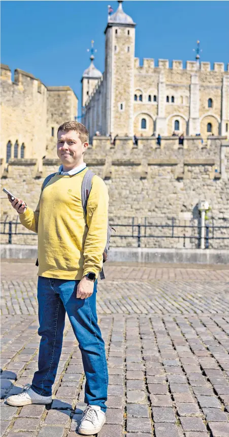  ?? ?? Intelligen­t life: Jack Rear, resplenden­t in a yellow sweater at the Tower of London, as directed by Google’s Bard chatbot, right