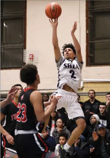  ?? Photo by Louriann Mardo-Zayat / lmzartwork­s.com ?? Shea junior All-State guard Erickson Bans hit 11 3-pointers on his way to a career-high 57 points to lead the No. 4 Raiders to an 87-68 Division II quarterfin­al victory over No. 12 Tolman at The Cage Tuesday night.