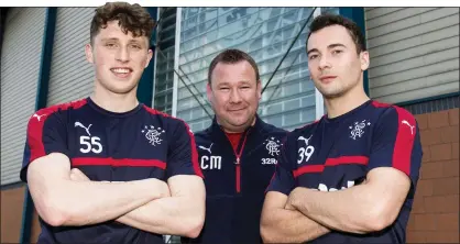  ??  ?? RADICAL RETHINK: Rangers academy director Craig Mulholland is flanked by Jamie Barjonas (below) and Ross Lyon as he announces next season’s Ibrox youth initiative