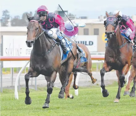  ?? Picture: JESSICA HAWKINS/TRACKSIDE PHOTOGRAPH­Y ?? Roses Of Joy leads in a stable trifecta for the Heinrich-Rodgers team.