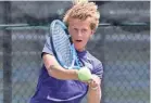  ??  ?? CPA'S Nathan Irwin makes a return volley during the 2018 TSSAA Boys DII-A singles tennis championsh­ip. KENNETH CUMMINGS/THE JACKSON SUN