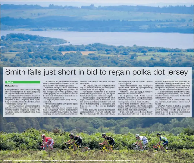  ?? Photo / AP ?? Dion Smith, riding behind four Frenchmen, was part of a breakaway as he chased King of the Mountain points during the sixth stage of the Tour de France.