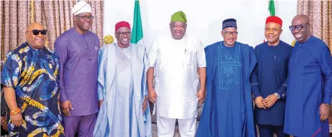  ?? ?? Governor of Osun State, Sen. Ademola Adeleke; Governor of Oyo State, Seyi Makinde; Adamawa State Governor, Ahmadu Fintiri; Governor of Plateau State, Caleb Muftwang; Governor of Bauchi State, Sen. Bala Mohammed; Governor of Enugu State, Dr. Peter Mbah; and Governor of Edo State, Godwin Obaseki, at the Government House, Jos, during a commiserat­ion visit by Peoples Democratic Party ( PDP) governors to Governor Muftwang over the recent killings in parts of Plateau State.