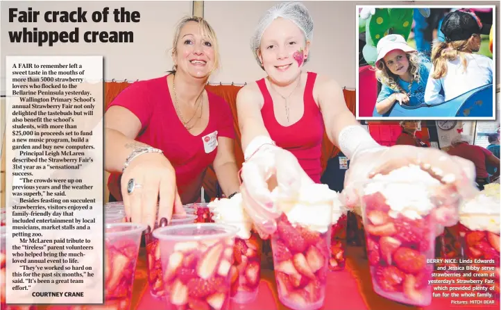  ?? Pictures: MITCH BEAR ?? BERRY NICE: Linda Edwardsand Jessica Bibby serve strawberri­es and cream at yesterday’s Strawberry Fair, which provided plenty of fun for the whole family.